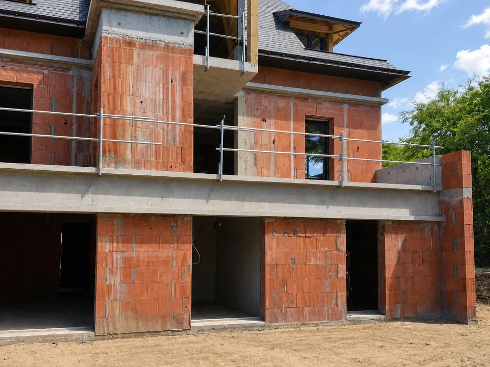 Chantier de construction d'une villa contemporaine haut de gamme, vue extérieure