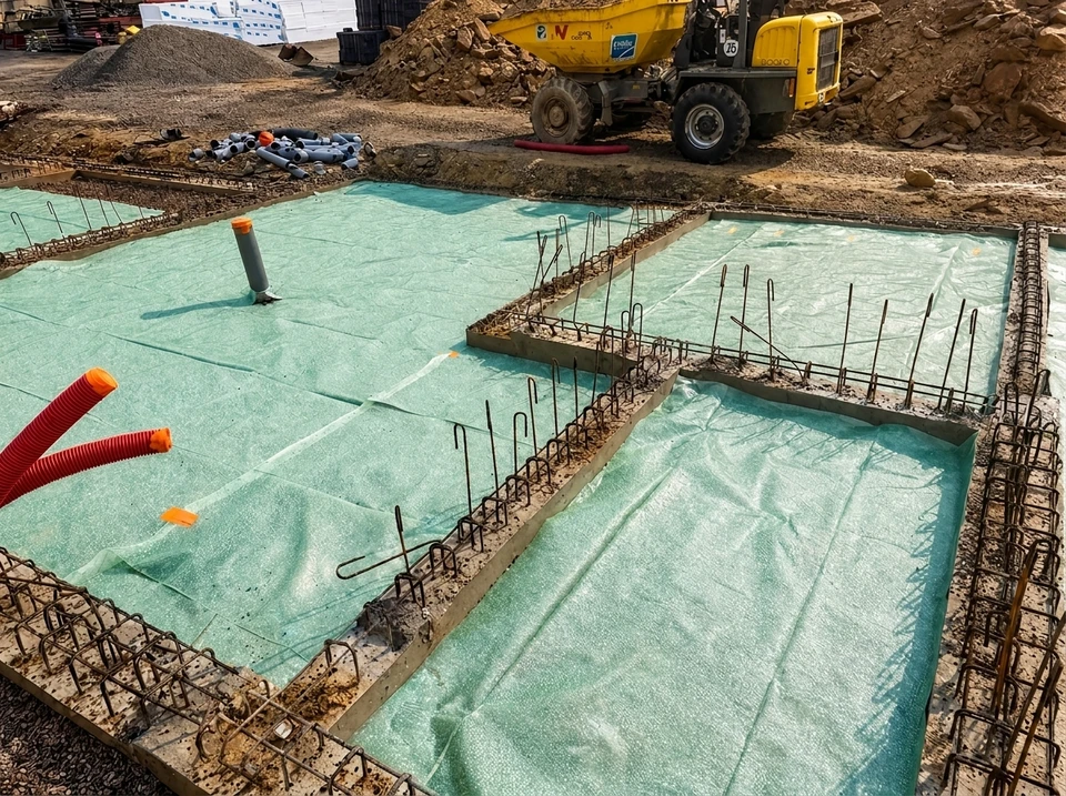 Chantier de construction en phase gros œuvre, vue extérieure de jour