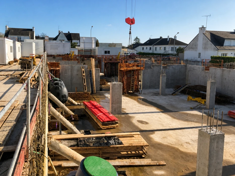 Chantier de construction d'un immeuble résidentiel R+3 en briques de terre cuite alvéolaires