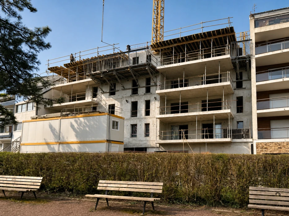 Chantier de construction d'un immeuble résidentiel en béton apparent, 5 niveaux, avec balcons filants