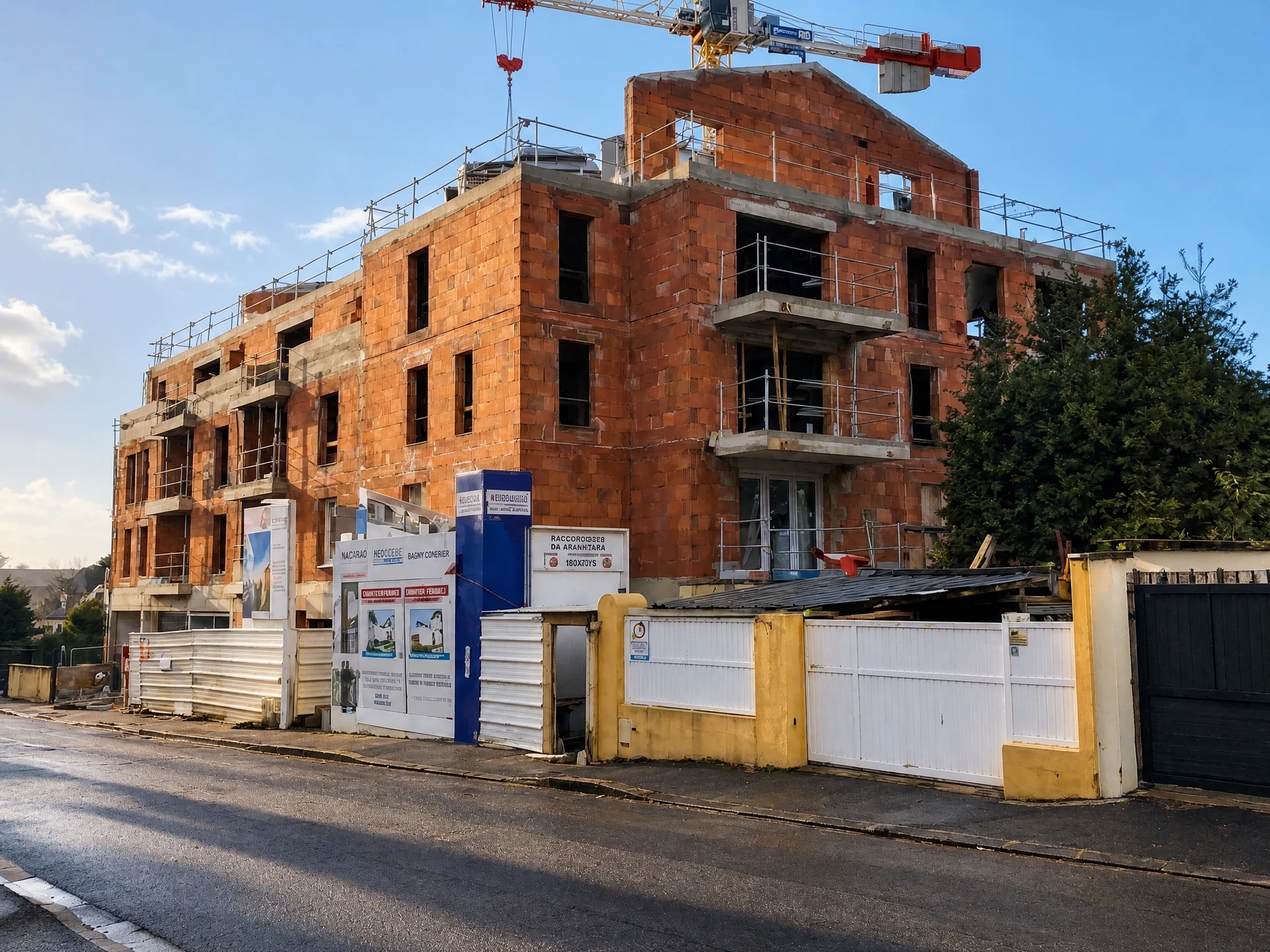 Quatre professionnels du BTP en réunion de chantier examinent des plans architecturaux et une tablette numérique