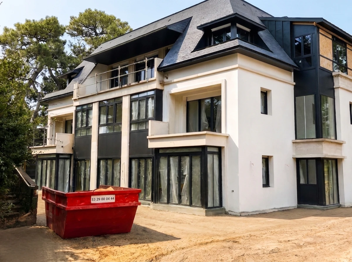 Trois professionnels du bâtiment consultent une tablette numérique sur un chantier