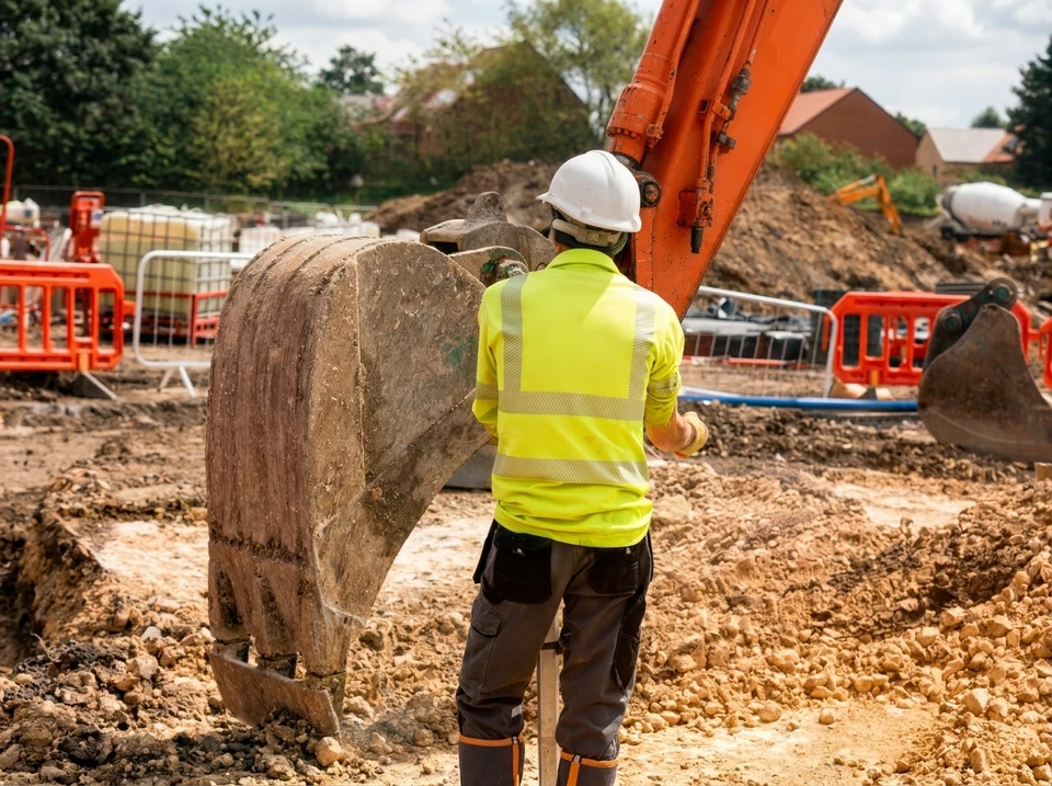Vue aérienne d'un chantier de construction en cours, sans ouvriers visibles