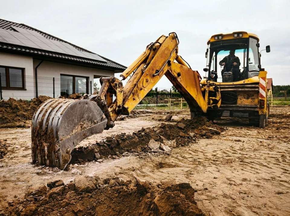 Chantier de construction extérieur, radier en béton avec semelles filantes armées