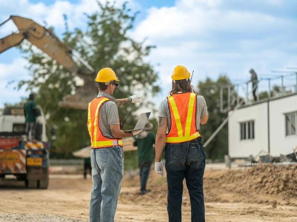 Chantier de construction extérieur, radier en béton avec semelles filantes armées