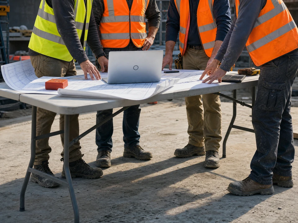 Chantier de construction extérieur, radier en béton avec semelles filantes armées