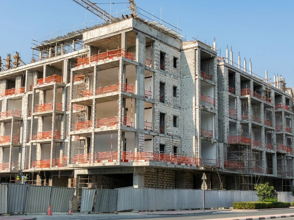 Chantier de construction d'un immeuble résidentiel en béton apparent, 5 niveaux, avec balcons filants