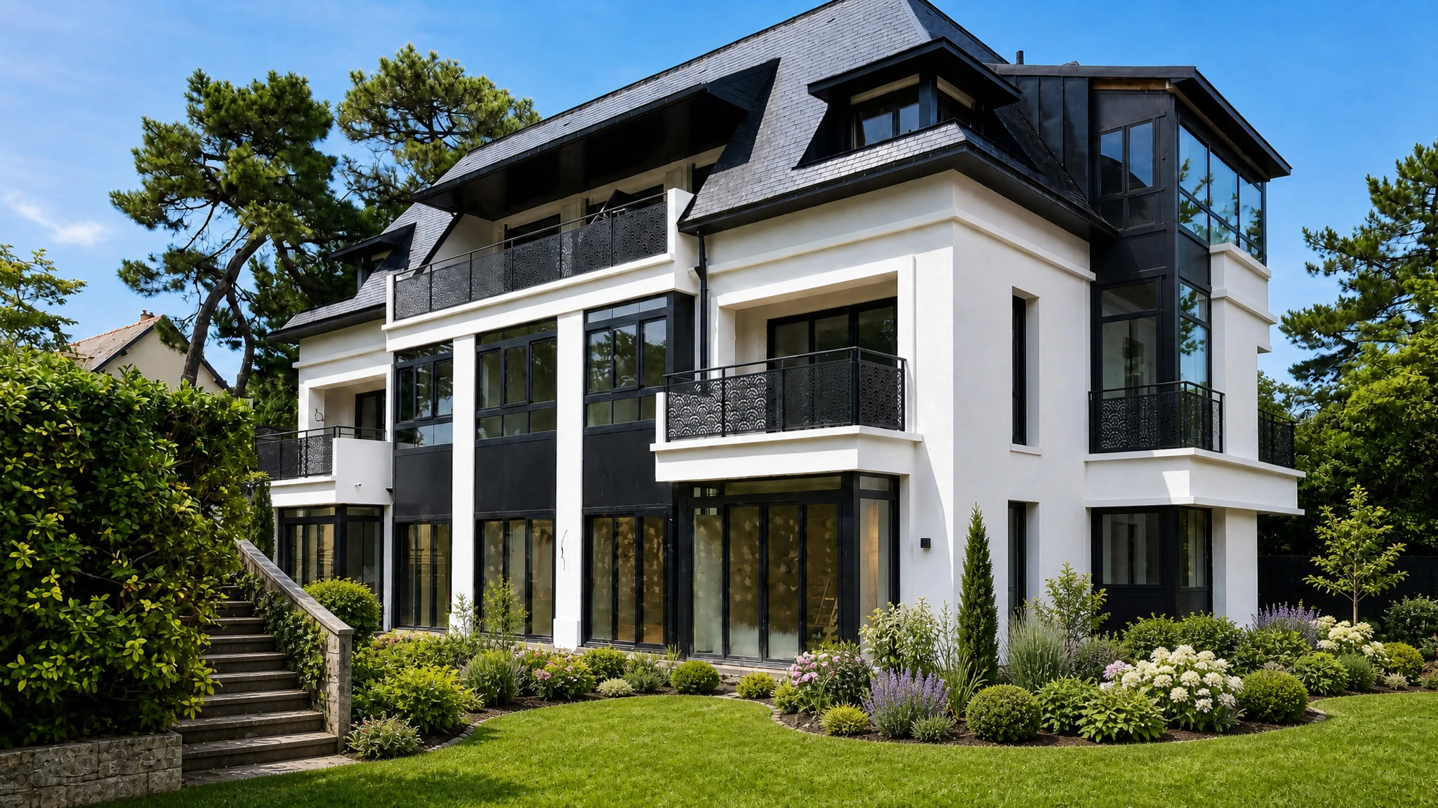 Chantier extérieur d'une villa contemporaine en cours de rénovation, façade bicolore blanc et noir, toiture ardoise avec lucarnes, balcons à garde-corps métalliques ajourés