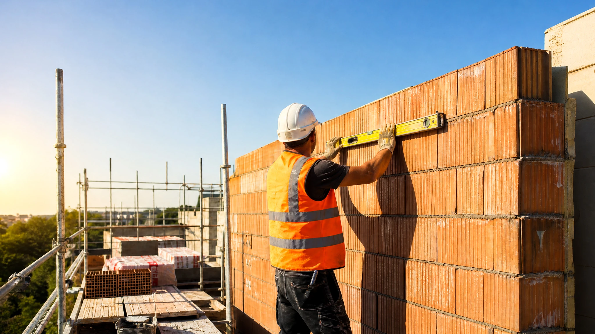 Chantier extérieur d'une villa contemporaine en cours de rénovation, façade bicolore blanc et noir, toiture ardoise avec lucarnes, balcons à garde-corps métalliques ajourés