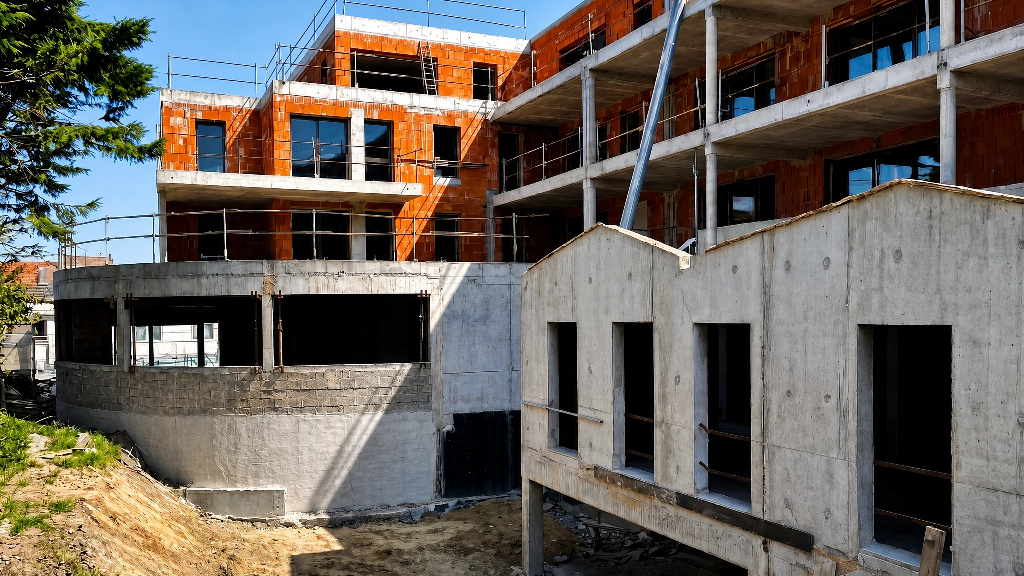 Trois professionnels en réunion de chantier, dont une femme aux cheveux roux portant un gilet haute visibilité jaune, tenant une tablette numérique et des plans roulés